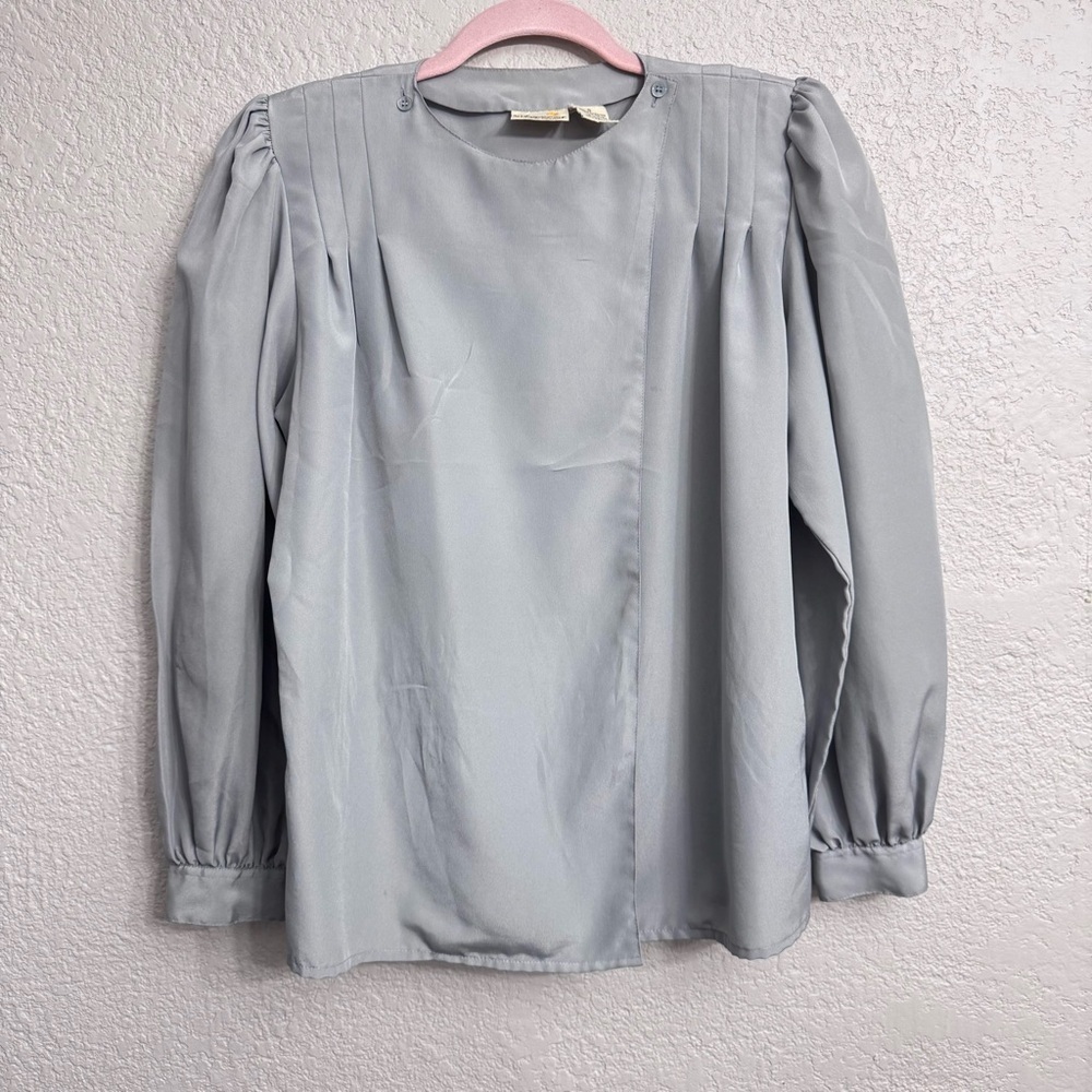 Vintage 80s Liz Claiborne Silver Padded Shoulder Blouse Size 8